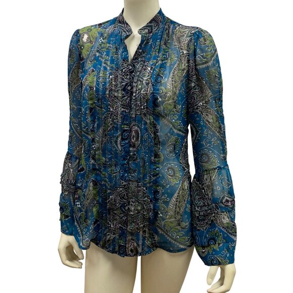 INC International Concepts Womens Sheer Paisley Ruffle Blouse Size 8 - Picture 2 of 7